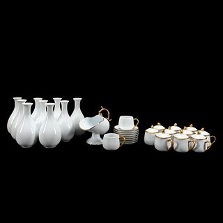30PCS, MOSTLY FITZ & FLOYD WHITE & GOLD TABLEWARE