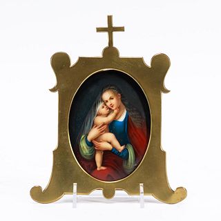 RELIGIOUS PAINTING ON PORCELAIN, MADONNA & CHILD