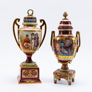 TWO, ROYAL VIENNA TYPE CRANBERRY PARCEL GILT URNS