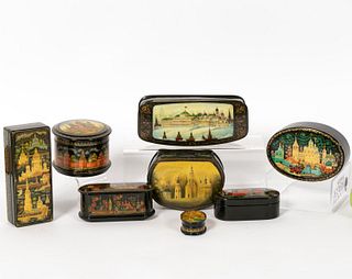 EIGHT RUSSIAN LACQUERED BOXES, VILLAGE SCENES