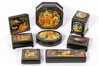 EIGHT SIGNED RUSSIAN LACQUERED BOXES, FAIRY TALES