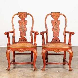 PAIR, RED JAPANNED CHINOISERIE ARMCHAIRS