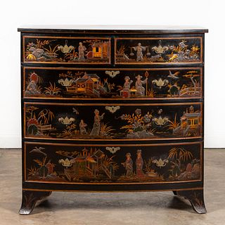 19TH C. BLACK JAPANNED CHINOISERIE BOWFRONT CHEST