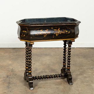 L. 19TH CHINOISERIE BLACK PAINTED JARDINIERE