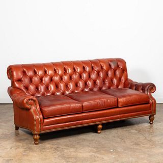 CHESTERFIELD BROWN LEATHER COUCH, NAILHEAD TRIM