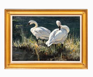 DAVE WADE, TWO SWANS, OIL ON PANEL, FRAMED