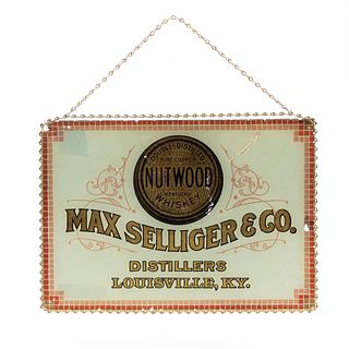 MAX SELLIGER & CO. NUTWOOD WHISKEY GLASS SIGN