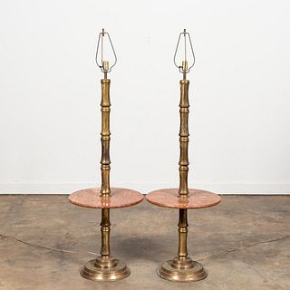 PAIR, BRASS BAMBOO FORM & MARBLE LAMP TABLES
