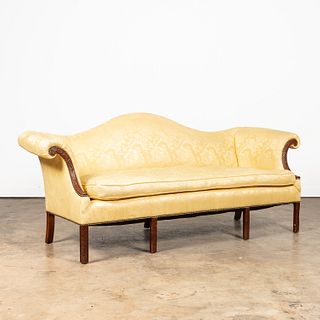 YELLOW DAMASK UPHOLSTERED CHIPPENDALE-STYLE SOFA