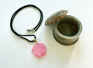 UNKNOWN ARTIST, Carved Pink Quartz Pendant with 14K Gold Hasp with Carved, Soapstone, Keepsake Box