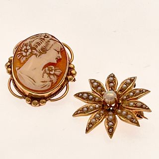 Collection of Two Pearl, Cameo, 14k  Pin Pendants
