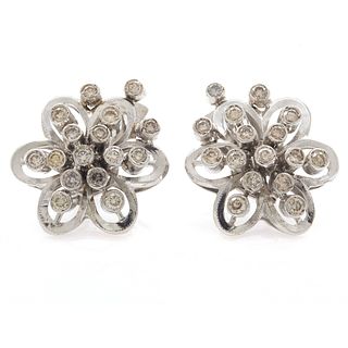 Pair of Diamond, 14k White Gold Earrings, Russian