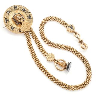 Victorian 14k Rose Gold Watch Chain with Pin and Fob