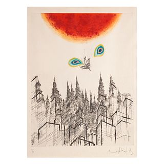 Ronald Searle, Cityscape with Sun and Insect