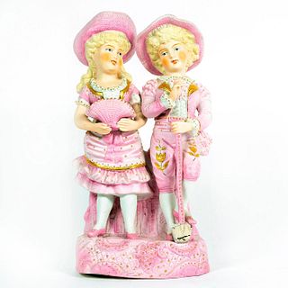 Vintage Bisque Porcelain Figurine, Siblings In Pink
