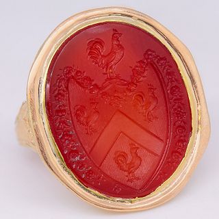 LARGE ANTIQUE INTAGLIO CARVED CARNELIAN SEAL RING,