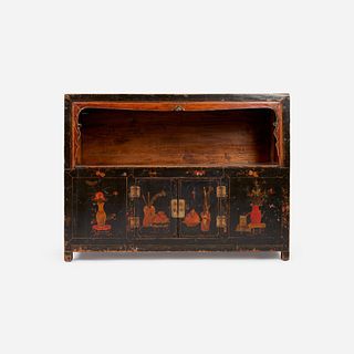 Antique Chinese Lacquered Cabinet with Open Shelf
