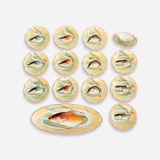 Coronet (Limoges) Hand-Painted Fish Platter & 12 Plates