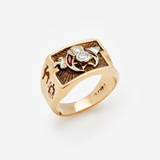 Shriners Masonic lodge diamond ring, 14k