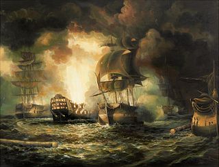 Lee Ayers (20th c.) Oil on Canvas, Sea Battle