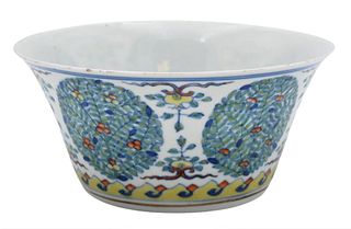 Chinese Tou Tsai Porcelain Bowl having painted circular flowering fruit bushes diameter 6 inches