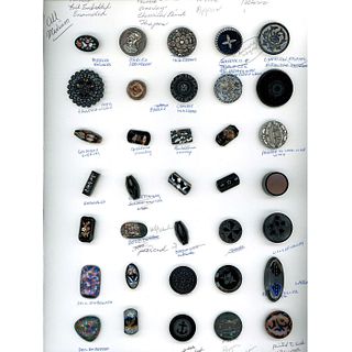 A CARD OF ASSORTED DIV. 1 BLACK GLASS PICTORIAL BUTTONS