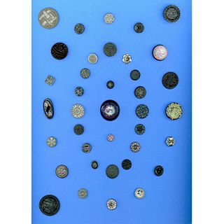 A CARD OF ASSORTED DIV 1 BLACK GLASS DESIGN BUTTONS