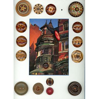 A CARD OF ASSORTED WOOD & WOOD MARQUETRY BUTTONS