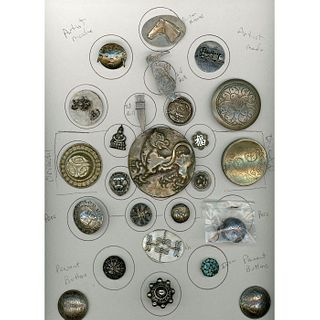 A CARD OF DIVISION 1 & 3 SILVER & WHITE METAL BUTTONS