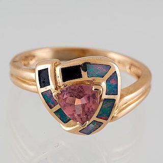 Pink Tourmaline and Inlaid Opal Ring in 14 Karat 
