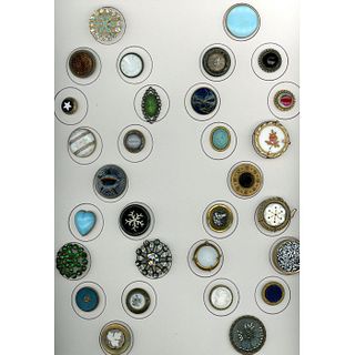 A CARD OF ASSORTED DIV 1 GLASS MOUNTED IN METAL BUTTONS