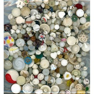 A LARGE BAG LOT OF MOSTLY WHITE GLASS BUTTONS