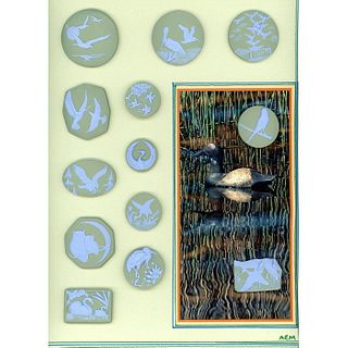 A CARD OF DIVISION 3 JASPERWARE CERAMIC BUTTONS
