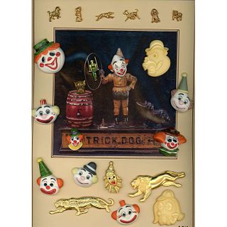 A CARD OF DIVISION 3 CERAMIC AND METAL CIRCUS BUTTONS