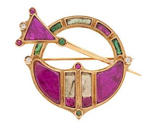 Shield and Scepter Brooch in 18 Karat Yellow Gold with Gemstones and Diamonds 