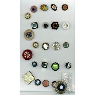 A SMALL CARD OF DIV 1 & 3 ASSORTED GLASS BUTTONS