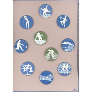 A CARD OF DIV 3 STUDIO JASPERWARE BUTTONS INCL. OBJECTS