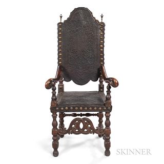 Turned and Carved Chair with Embossed Leather Upholstery