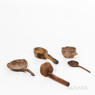 Five Varied Wooden Scoops or Dippers