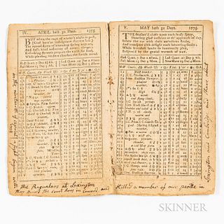 Nathanael Low 1775 Almanack with Notations Regarding the Fight at Lexington and Concord, April 19, 1775