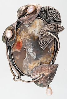 Sterling Brooch with Plume Agate and Pearls 