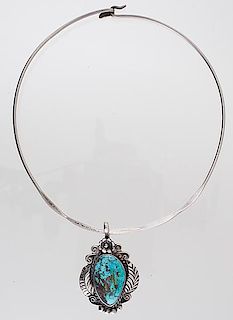 H. Slim Sterling and Turquoise Pendant with Choker 