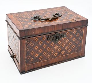 Inlaid Mahogany Work Box
having parquetry and flower inlaid design, original paper interior, small drawer on one side
veneer chip to top
Height 5 inch