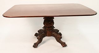 Federal Mahogany Breakfast Top Table
having rectangular top on intricately carved base, set on carved paw feet, single board top
circa 1840, probably 