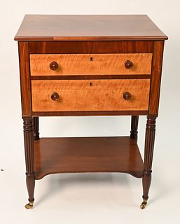 Walsh and Egerton Signed Sheraton Mahogany Two Drawer Work Table
having satin wood drawer fronts, set on turned and fluted legs with remidial shelf to