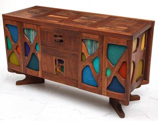 WALNUT CREDENZA WITH KNOLL FABRICS SIGNED CLARENCE TEED