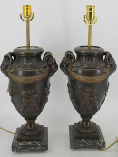 A Pr Of Fine Quality Patinated Metal Urn Form Lamp