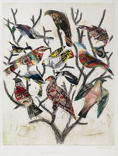 MANOLO VALDÉS BLASCO (Valencia, 1942). 
"Birds". 
Mixed media (etching, aquatint and collage on paper. 
Unique piece. 
Signed and dedicated by hand. 
