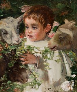 IGNACIO PINAZO CAMARLENCH (Valencia, 1849 - Godella, Valencia, 1916). 
"Boy and Kids, 1901. 
Oil on canvas. 
Work exhibited in: "El intimismo en la pi