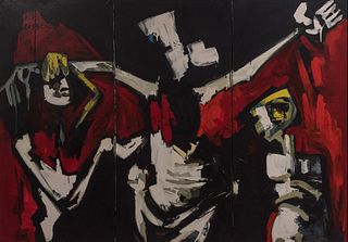RAMÓN DE VARGAS LEZAMA (Getxo, 1934). 
"Crucifixion", 1970. 
Oil on canvas. Triptych. 
Work reproduced in the catalogue of the Gran Enciclopedia Vasca